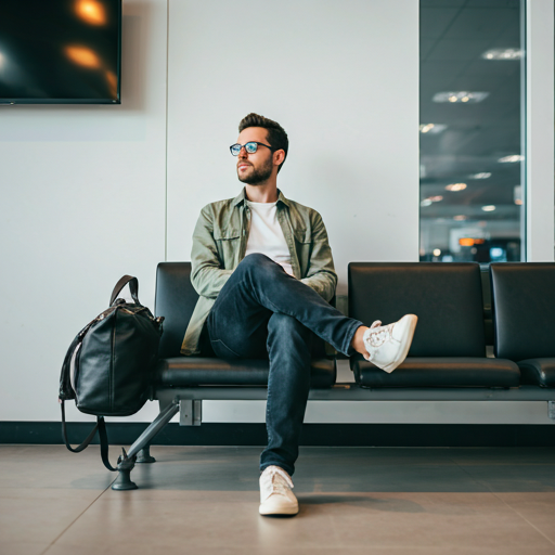 Relaxed traveler at airport checking in safely